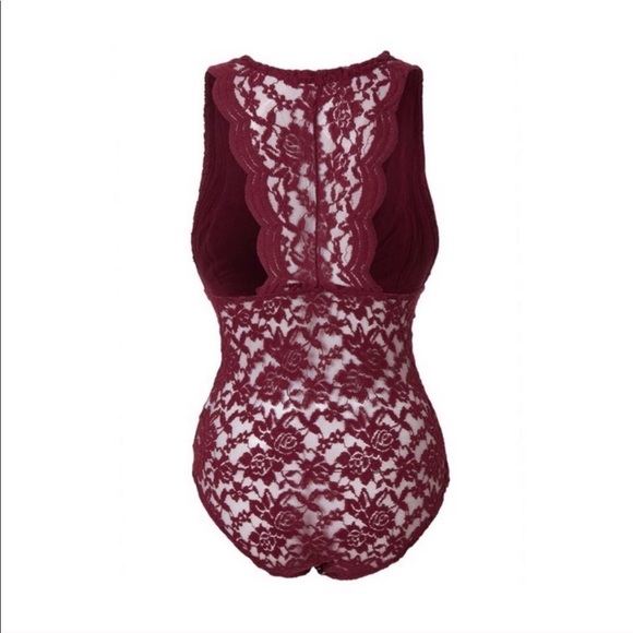 BURGUNDY LACE PLUNGE BODYSUIT - Picture 5 of 6